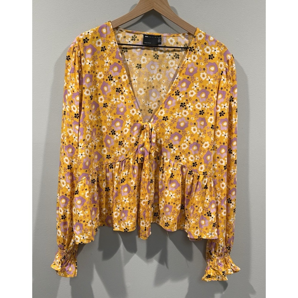 ASOS Design Curve Size‎ U.S. 18 Long Sleeve Tie Front Shirred Cuff Floral Blouse